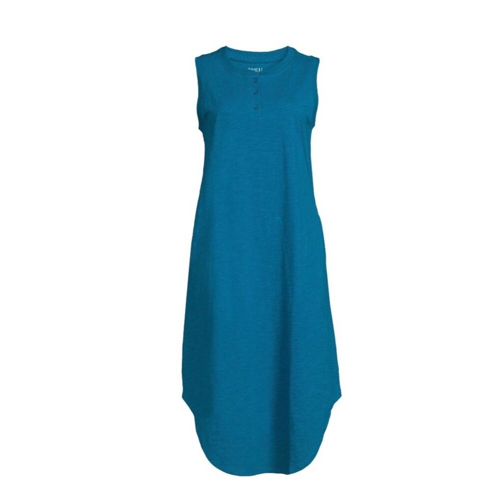 Time and Tru Women's Sleeveless Curve Hem Henley Midi Dress Teal Small (4-6) New